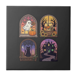 Carreau Halloween Gothique Fenêtre Fantôme Citrouille Chat