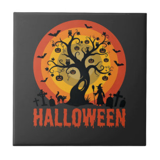 Carreau Halloween Haunted Tree Witch and Black Cats