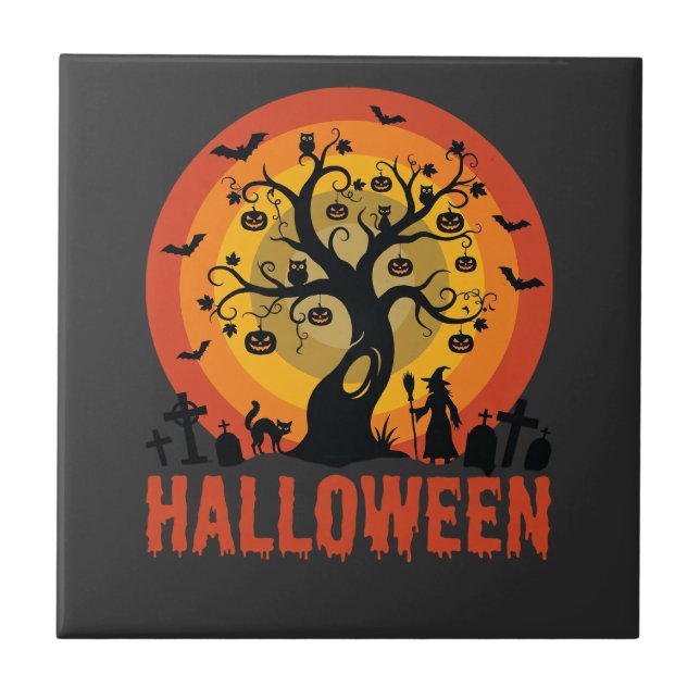 Carreau Halloween Haunted Tree Witch and Black Cats (Devant)