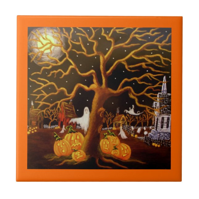 Carreau Halloween, tuile, fantômes, Jack-o'-lantern, (Devant)
