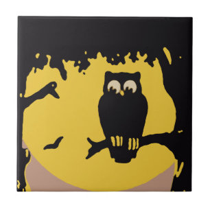 Carreau Halloween vintage, Hibou effrayant dans l'arbre av