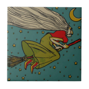 Carreau Halloween vintage, sorcière maléfique volant sur u