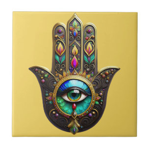 Carreau Hamsa Brun Coloré Troisième Oeil Arc-en-ciel