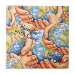 Carreau Handle with Care Earth Day Decorative Ceramic tile<br><div class="desc">Add a touch of meaningful art to your home or office with this beautiful "Handle with Care" ceramic tile. Featuring a stunning illustration of hands gently cradling the Earth, this decorative piece serves as a powerful reminder of our responsibility to protect and nurture our planet. Perfect as a desk accessory,...</div>