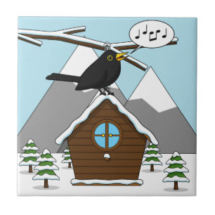 Carreau Happy Blackbird chanter dans le paysage hivernal