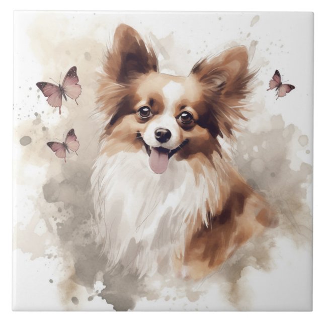 Carreau Happy Papillon Dog Aquarelle (Devant)