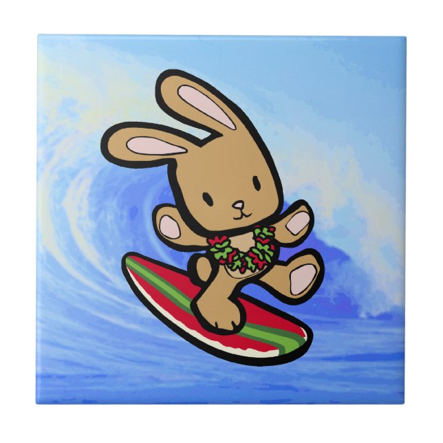 Carreau Hawaiian Surfing Bunny Cartoon de vacances (Devant)
