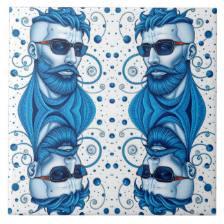 Carreau Head Of Bearded Blue Alien With Glasses Sci-Fi Art