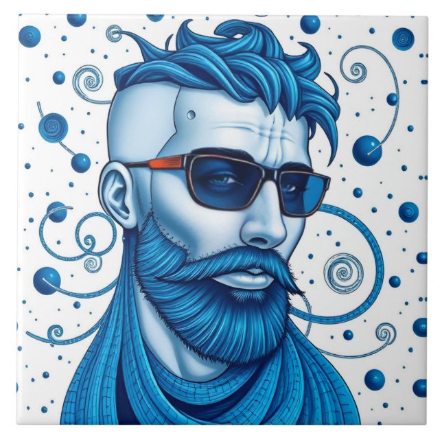 Carreau Head Of Bearded Blue Alien With Glasses Sci-Fi Art (Devant)