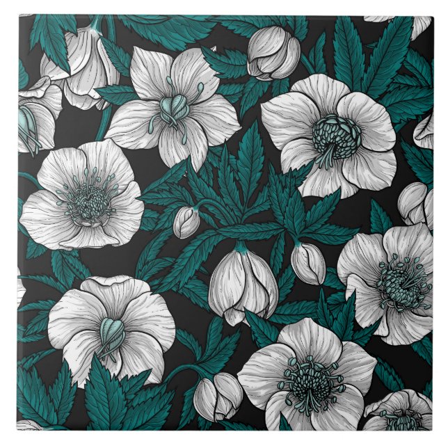 Carreau Hellebores blancs avec feuilles bleus (Devant)