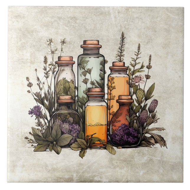 Carreau Herbes et épices rustiques en bouteilles aquarelle (Devant)