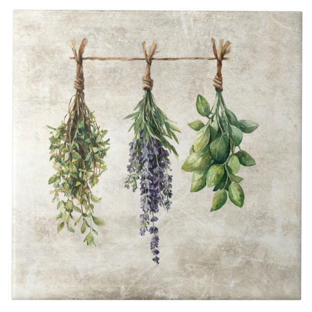 Carreau Herbes Fleurs Aquarelle Rustique  (Devant)