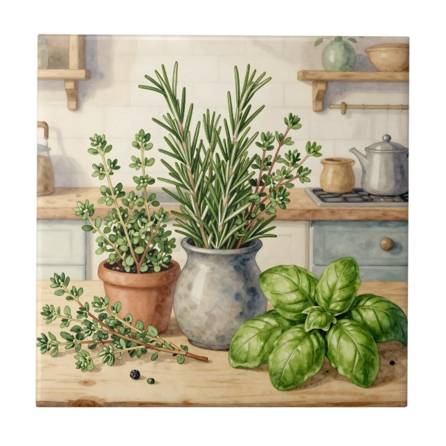 Carreau Herbes fraîches de cuisine aquarelle  (Devant)