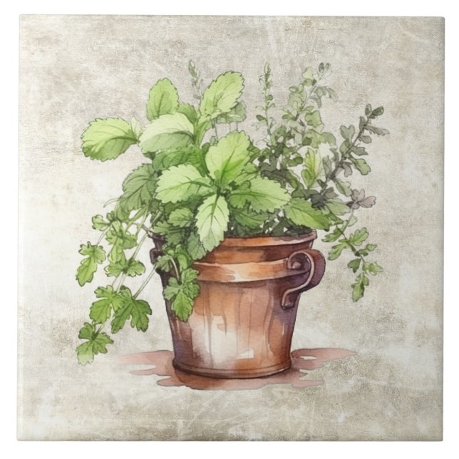 Carreau Herbes rustiques Aquarelles neutres Vintages (Devant)