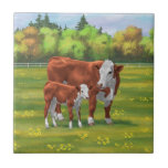 Carreau Hereford Cow & Cute Calf dans les pâturages d'été<br><div class="desc">Hereford Cow & Cute Calf dans les pâturages d'été</div>