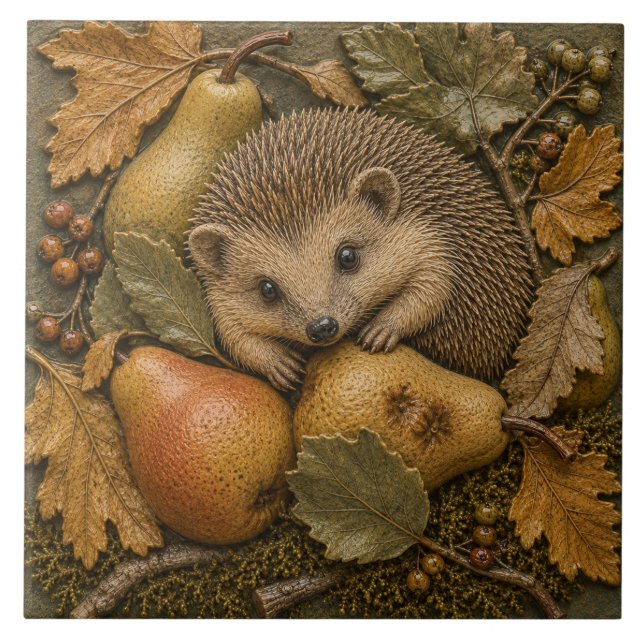 Carreau Hérisson d'automne & Poires Faune forestière  (Devant)