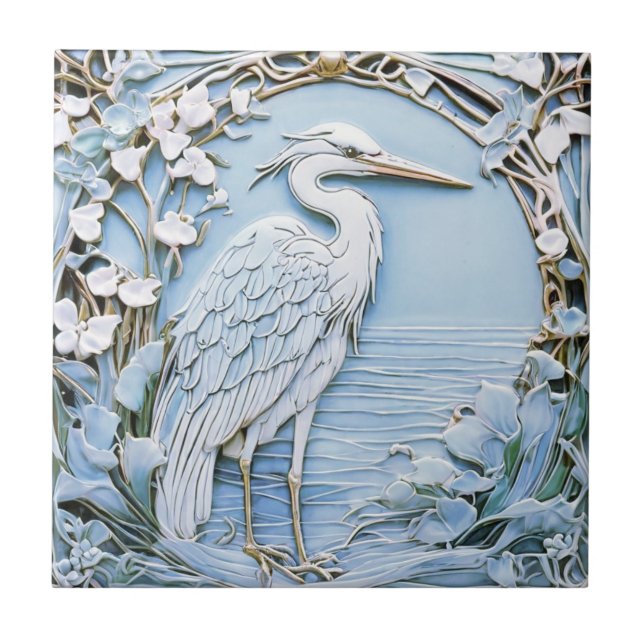 Carreau Heron Sea Bird Art Nouveau Faux Relief Bleu droit (Devant)