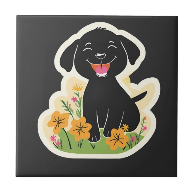 Carreau Heureux chiot noir dans les fleurs sauvages (Devant)