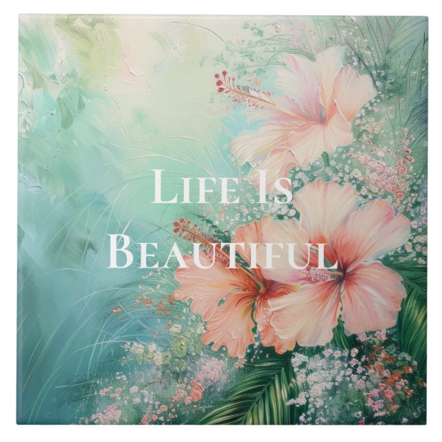 Carreau Hibiscus blanc de pêche tropicale Floral (Devant)