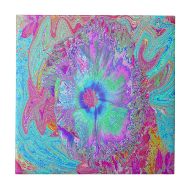 Carreau Hibiscus Bleu Rétro Psychedélique Arc-en-Ciel (Devant)