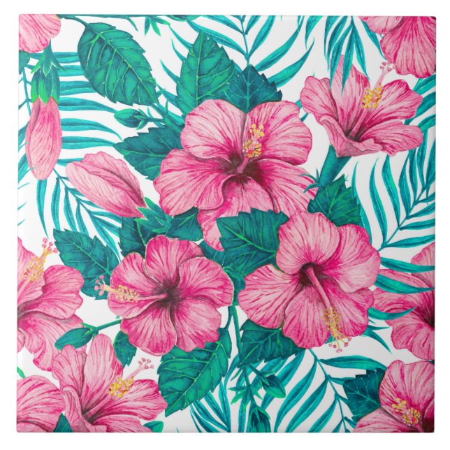 Carreau Hibiscus et palmiers feuilles (Devant)