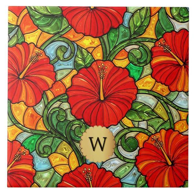 Carreau Hibiscus Or Rouge Faux Vitrail Monogramme (Devant)