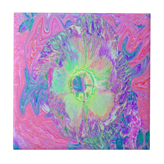 Carreau Hibiscus Psychedelique Tripant Vert Citron et Viol (Devant)