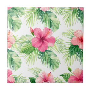 Carreau Hibiscus rose tropical palmier aquarelle