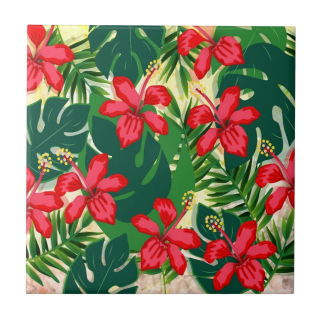 Carreau Hibiscus rouge et vert de la jungle tropicale colo (Devant)