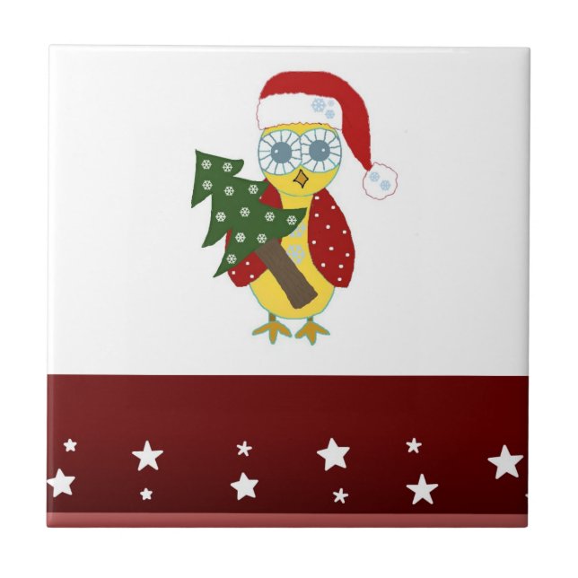 Carreau Hibou avec un chapeau de Père Noël et un arbre de  (Devant)