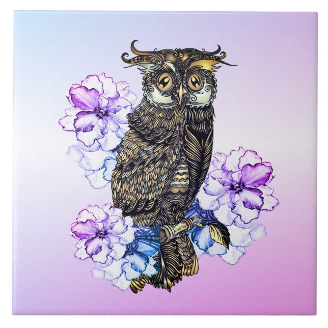 Carreau Hibou Brun Fleurs Violettes  (Devant)