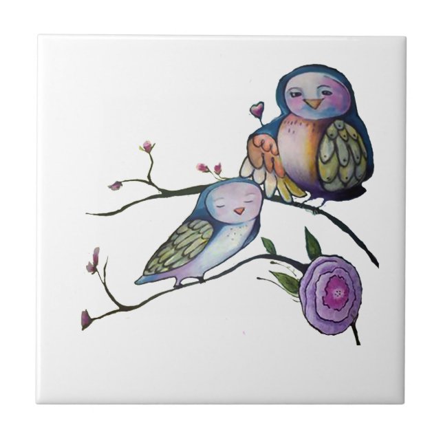 Carreau Hibou de mère et de bébé sur une branche d'arbre (Devant)