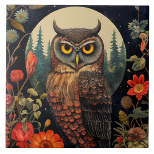 Carreau Hibou la nuit avec une pleine lune