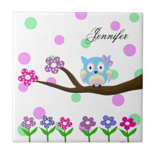 Carreau Hibou multicolore hippie sur l'arbre et les fleurs