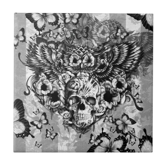 Carreau Hibou perdu et trouvé, floral avec le crâne de (Devant)