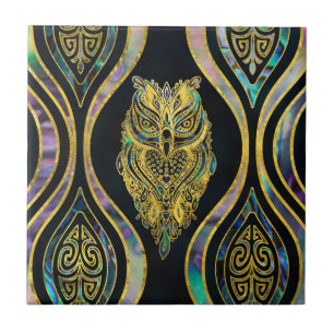 Carreau Hibou tribal d'or sur le motif d'ormeau de Boho