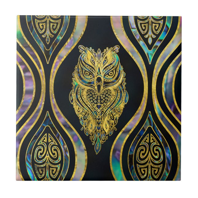 Carreau Hibou tribal d'or sur le motif d'ormeau de Boho (Devant)