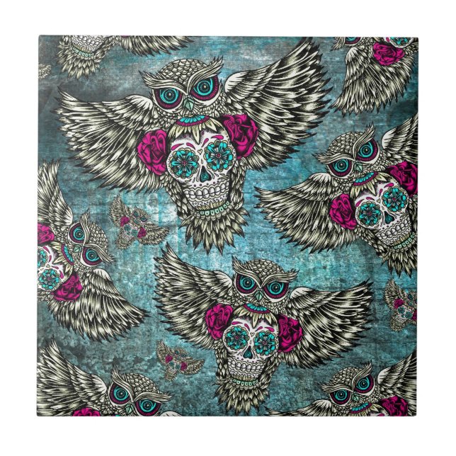 Carreau Hiboux grunges avec des crânes de sucre (Devant)