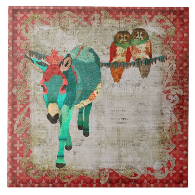 Carreau Hiboux roses et tuile azurée rouge d'âne (Devant)