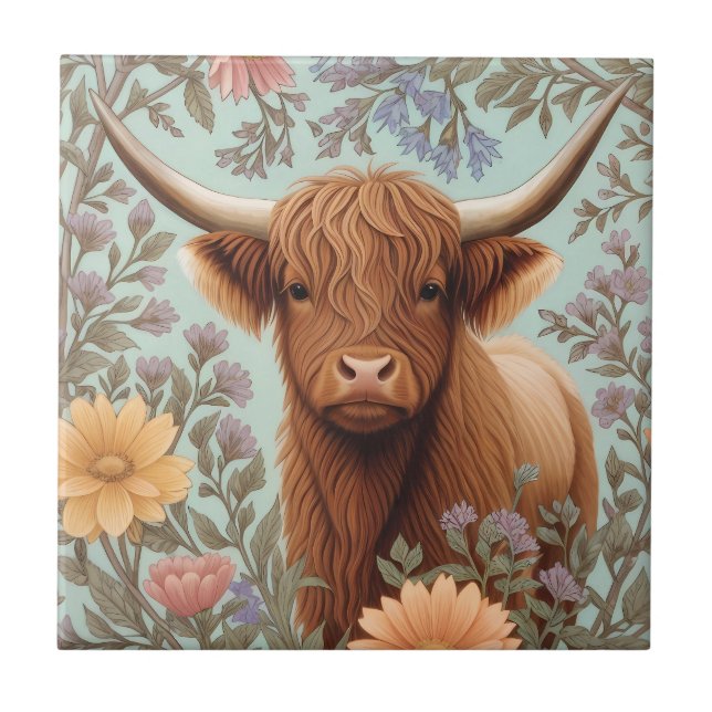 Carreau Highland Cow Pastel William Morris Inspired Floral (Devant)
