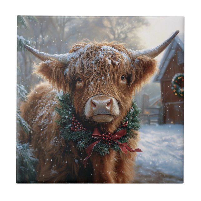 Carreau Highland Cow Rustic Barnyard Noël (Devant)