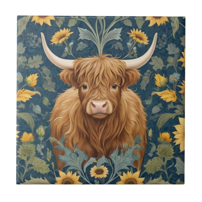 Carreau Highland Cow William Morris style tournesol jaune (Devant)