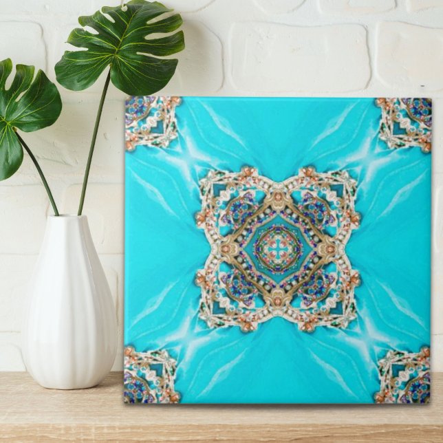 Carreau Hippie Tzigane Ethnique turquoise aqua bleu bohème (Hippie Gypsy Ethnic turquoise aqua blue bohemian Ceramic Tile)