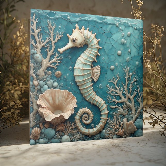 Carreau Hippocampe côtier de luxe Océan Corail Perle Aquab (Luxury Coastal Seahorse Ocean Coral Pearl Aquablue Ceramic Tile)