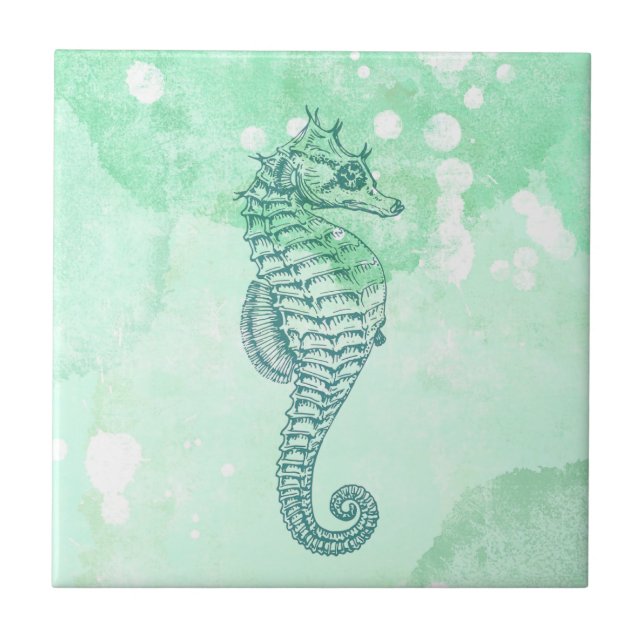 Carreau Hippocampe élégant aquarelle bleue (Devant)