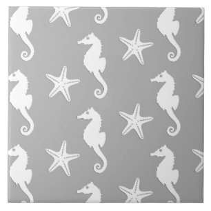 Carreau Hippocampe et étoile de mer - blanc sur gris argen