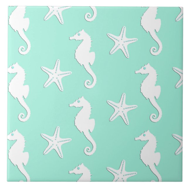 Carreau Hippocampe et étoiles de mer - blanc sur l'aqua (Devant)