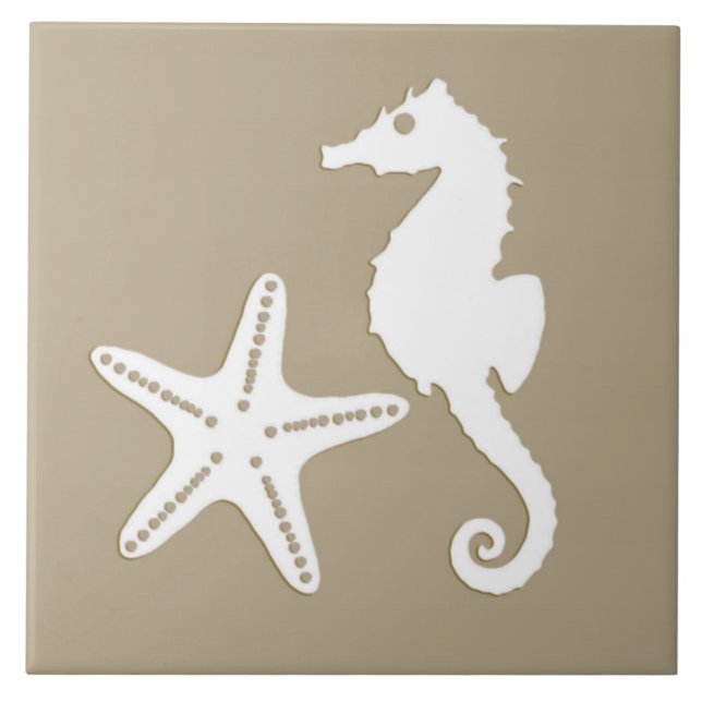 Carreau Hippocampe et étoiles de mer - blanc sur le tanqua (Devant)