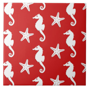 Carreau Hippocampe et étoiles de mer - rouge de corail et