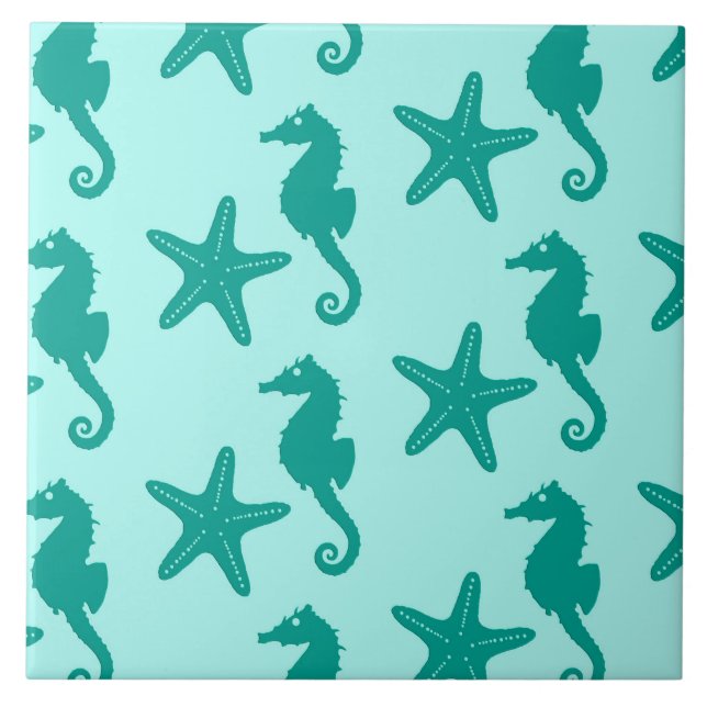 Carreau Hippocampe et poisson étoile - turquoise et aqua (Devant)